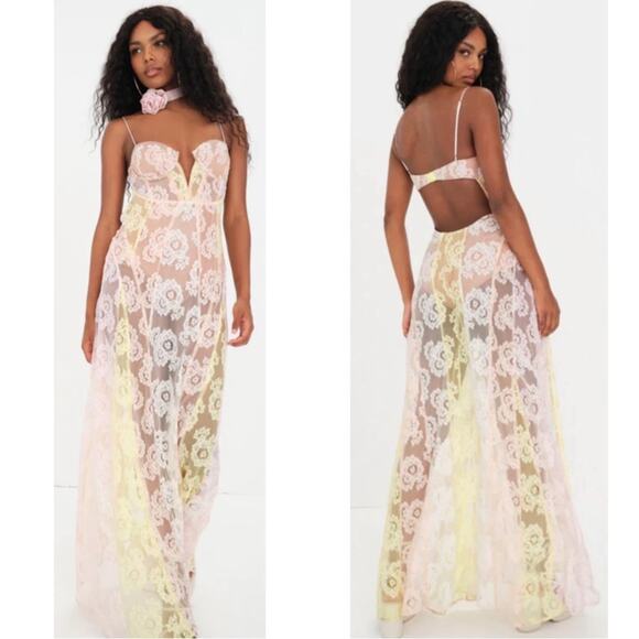 For Love & Lemons Blossom Floral Lace Sheer Multi Pink and Yellow Dress Sz XXS - Picture 2 of 12